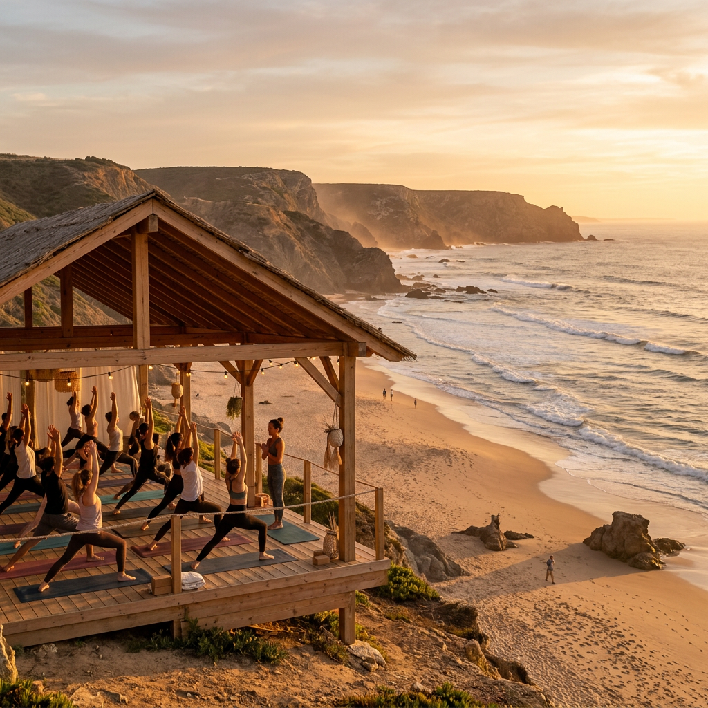 Yoga class on a sunlit pavilion overlooking the Portuguese coast