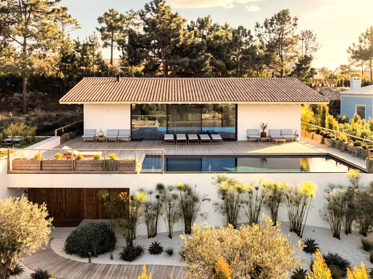 Aerial view of the villa and pool
